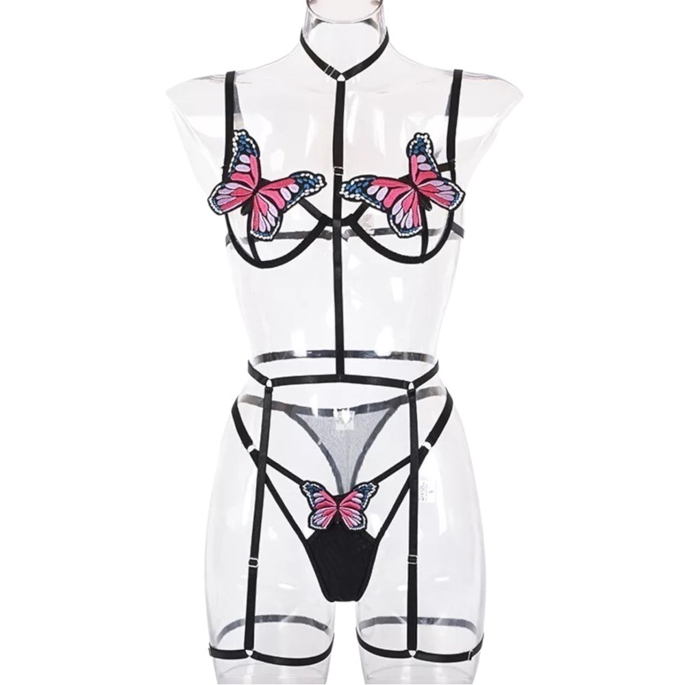 New Butterfly Strappy Sexy Lingerie 3 Piece Set Bra Panties Garter Belt Choker